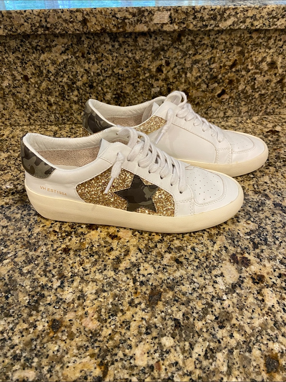 Vintage Havana White Sneakers with Gold Glitter Star and Camo Heel